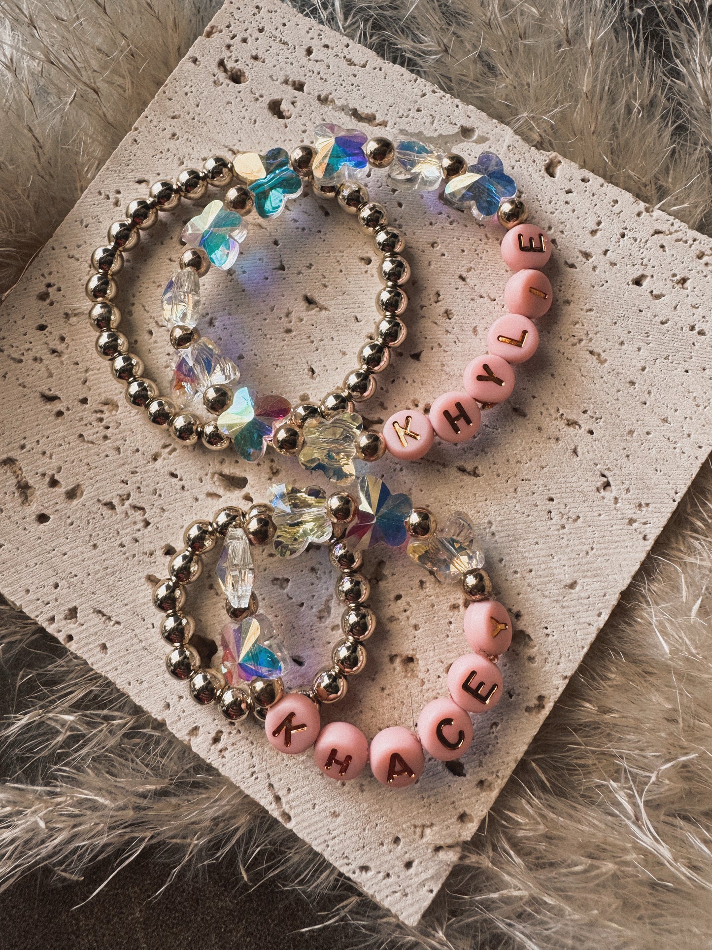 Spring Baby Butterfly Crystal Beaded Bracelet With Color Beads Lettering Kids Size