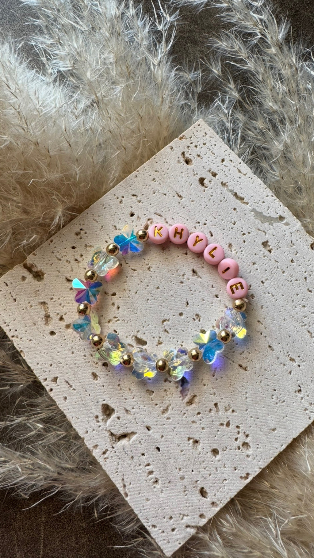 Kids Spring Baby Butterfly Crystal Beaded Bracelet With Pink Color Beads Custom Name