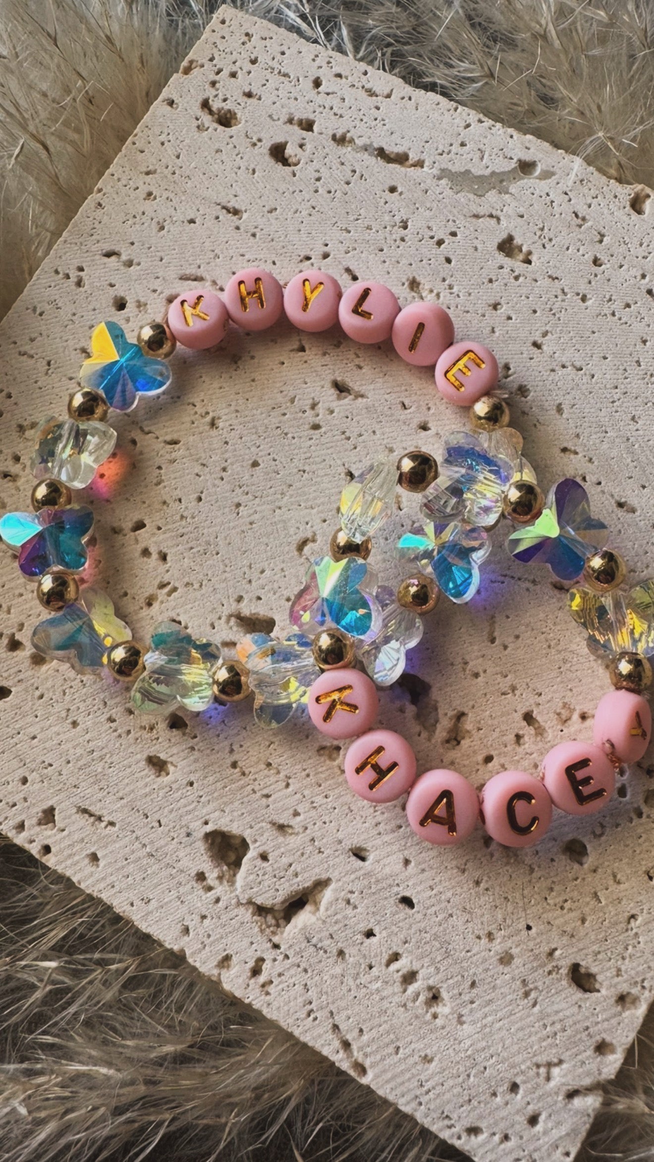 Adult Spring Baby Butterfly Crystal Beaded Bracelet With Pink Color Beads Custom Name