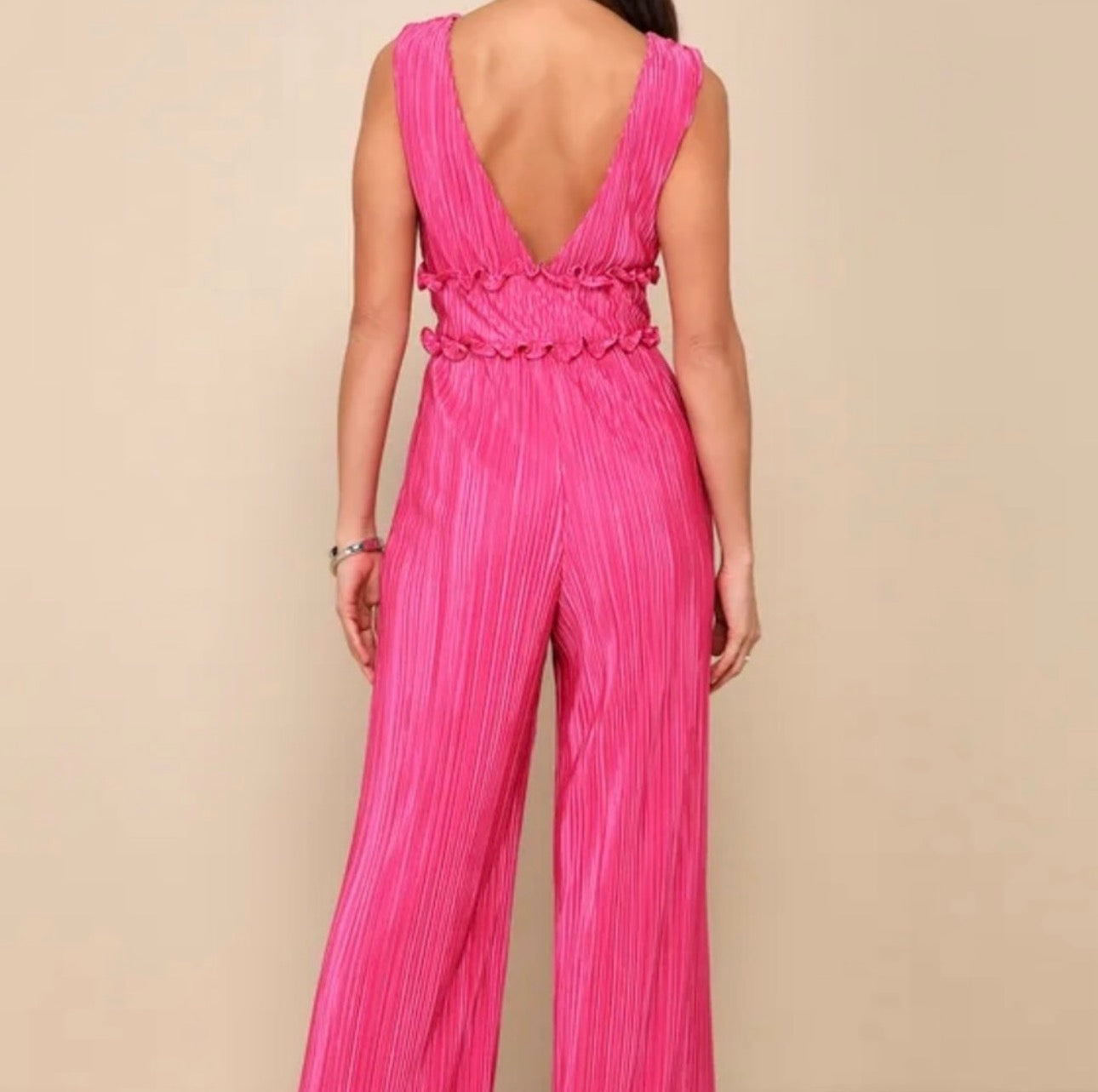 Lulus Size Medium Spectacular Aura Hot Pink Satin Plisse V-Neck Wide-Leg Jumpsuit