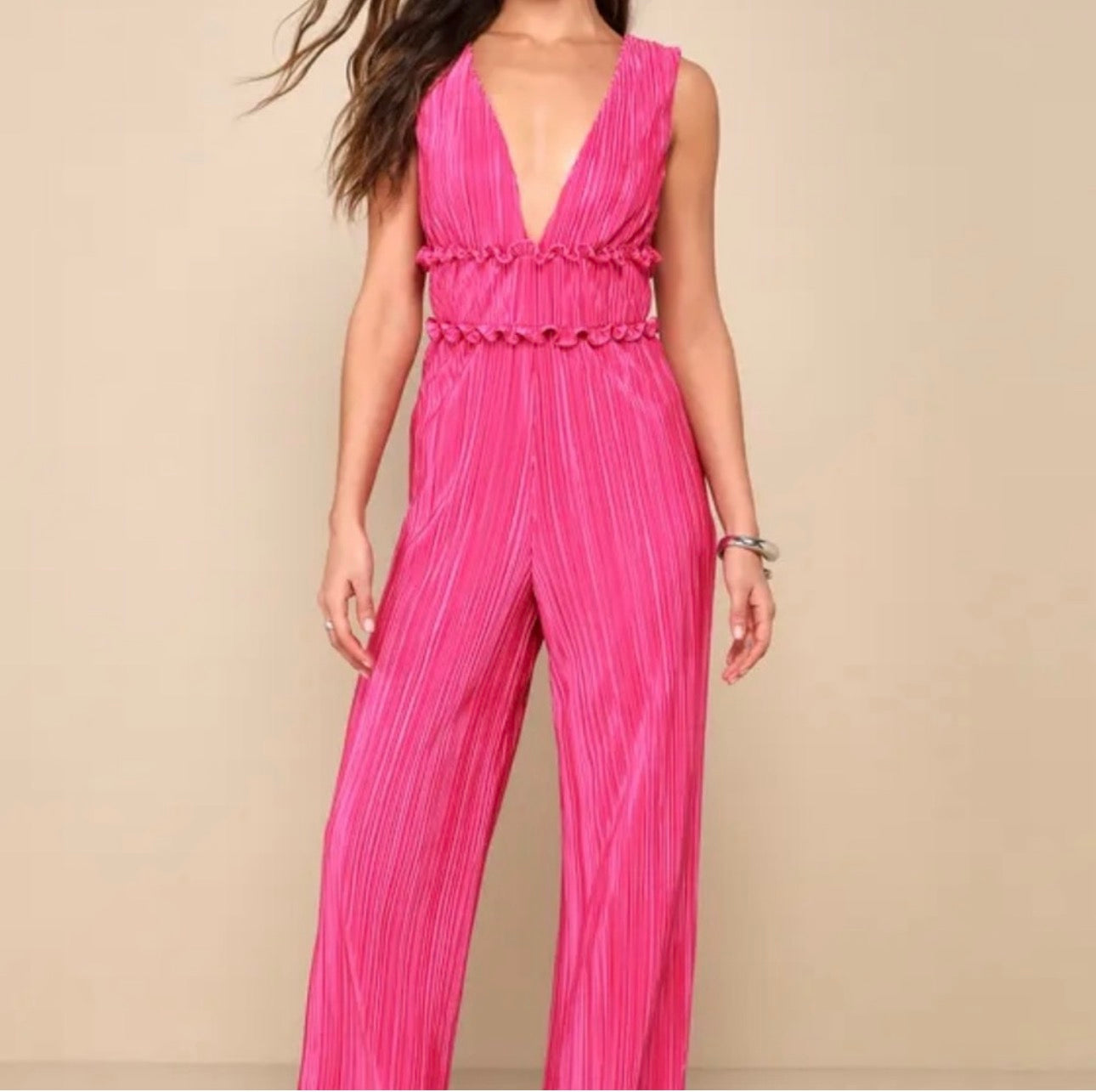Lulus Size Medium Spectacular Aura Hot Pink Satin Plisse V-Neck Wide-Leg Jumpsuit