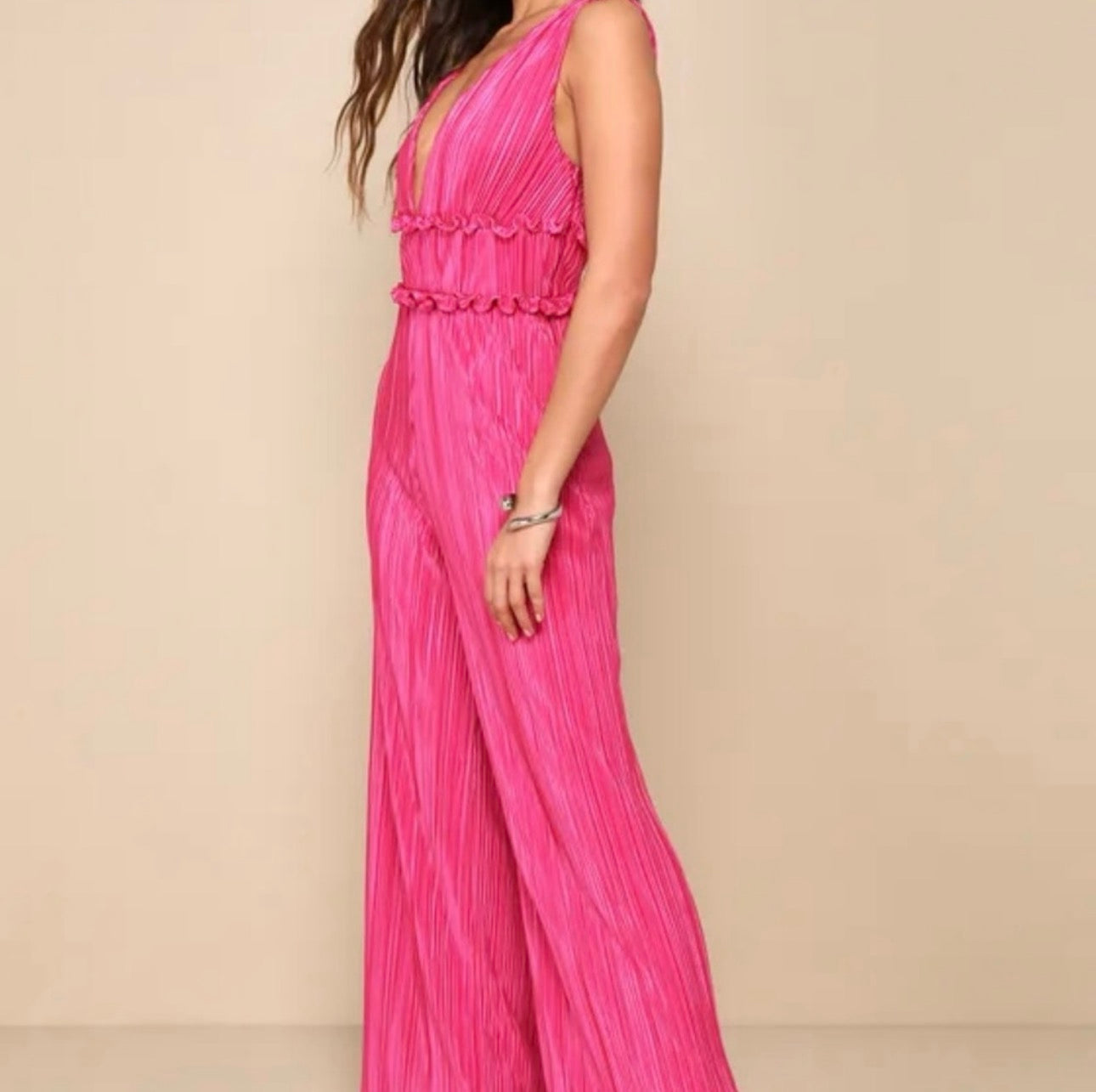 Lulus Size Medium Spectacular Aura Hot Pink Satin Plisse V-Neck Wide-Leg Jumpsuit