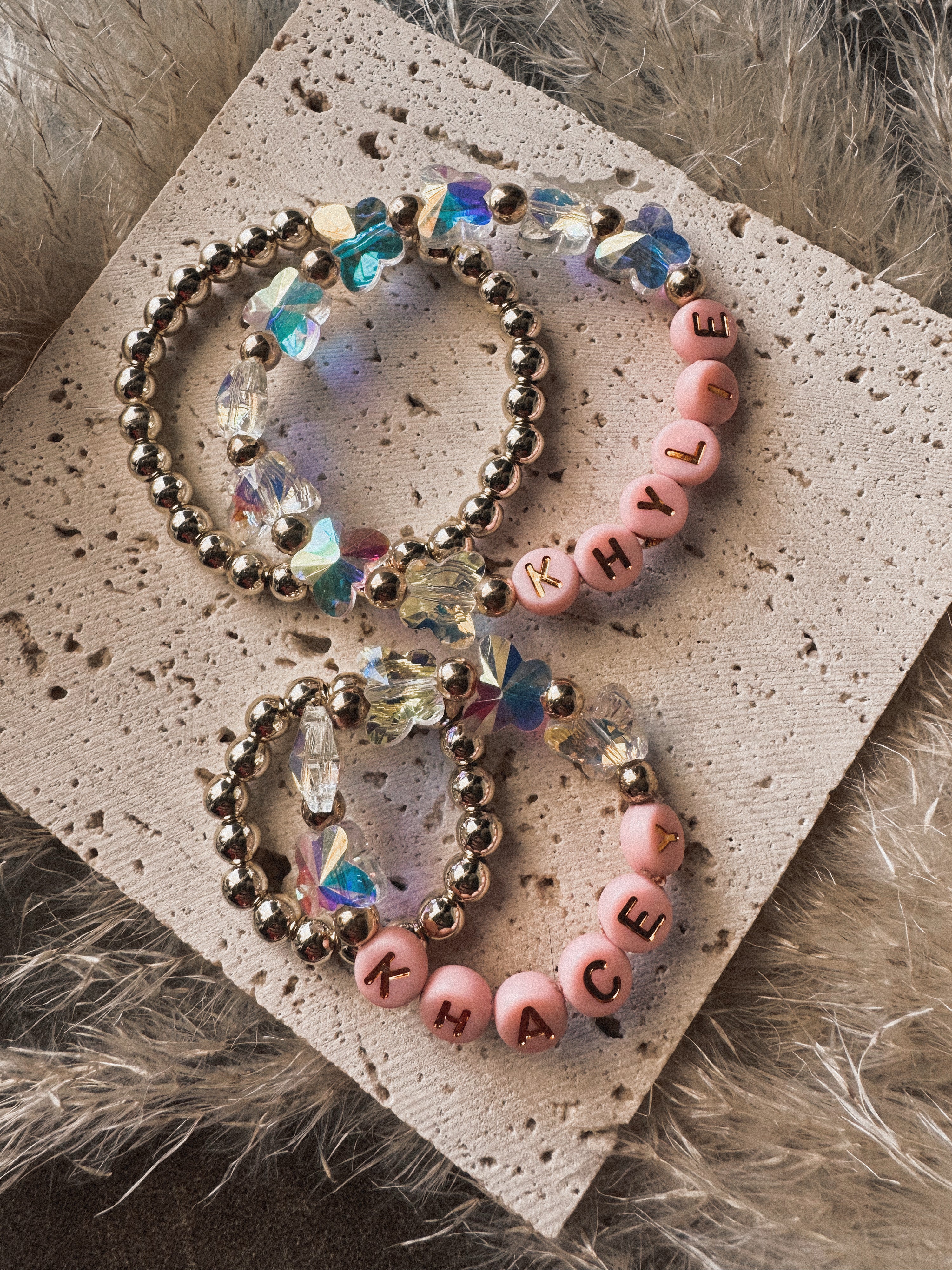 Spring Baby Butterfly Crystal Beaded Bracelet With Color Beads Lettering Kids Size